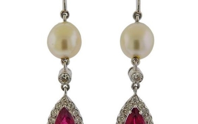 18k Gold Diamond Pearl Gemstone Drop Earrings
