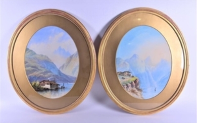 19th century Continental School a pair of oval Alpine landscapes, watercolours, unsigned, each 44 cm x 32 cm, glazed in...