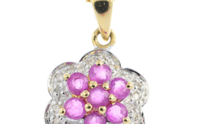A 9ct gold ruby and diamond pendant, with 9ct gold chain.