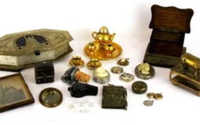 A box of interesting small items including aluminium 1947 prisoner of war jewellery box.