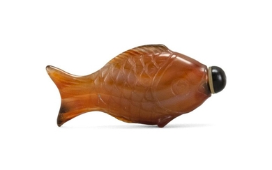 CHINESE CARNELIAN AGATE SNUFF BOTTLE In carp form. Length 2.8". Glass stopper.