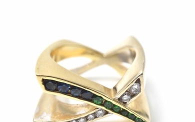 Diamond, Sapphire, Tsavorite 14 Karat Yellow Gold "X"