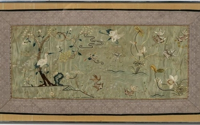 Framed Chinese Embroidery Panel, Crane Motif