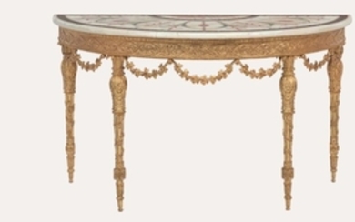 A GEORGE III GILTWOOD, SCAGLIOLA AND WHITE MARBLE SIDE TABLE, CIRCA 1790