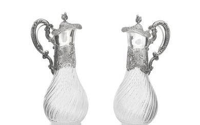 A pair of German 800 standard silver and crystal decanters