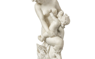 AN ITALIAN WHITE MARBLE GROUP OF A BACCANTE AND PUTTO, LATE 19TH CENTURY