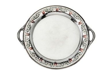 A late 19th / early 20th century American sterling silver and enamel twin handled tray, Massachusett