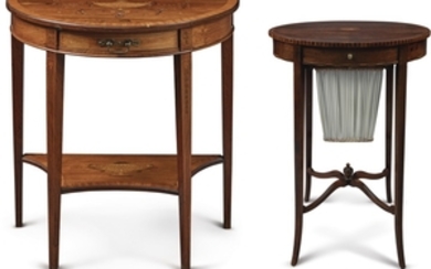 A late George III inlaid mahogany small oval work table, late 18th century, together with an Edwardian rosewood and marquetry small demilune side table, circa 1900