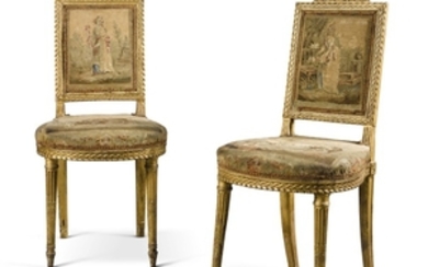 A pair of Louis XVI carved giltwood side chairs attributed to Georges Jacob, circa 1786
