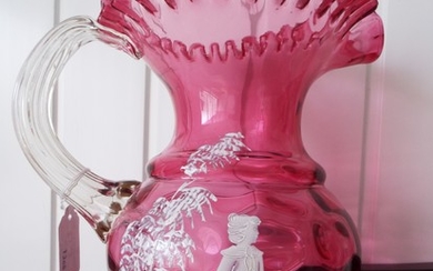 Lovely Mary Gregory type cranberry glass jug vase. Tudor ruff rim & spout. 10 inches tall. Pair survivor.