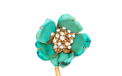 A mid-20th century turquoise and diamond flower brooch