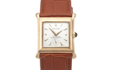 Rolex. A 9K gold manual wind square wristwatch