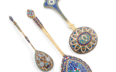 Three Russian silver and enamel spoons