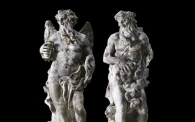 Two sculptures in Vicenza stone depicting Greek divinities. Veneto, 18th century (h. cm 198 and h. cm 196) (losses and...