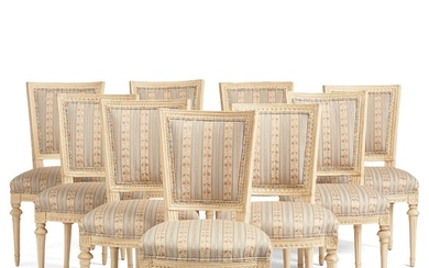 A set of nine Gustavian chairs by A Hellman (master in Stockholm 1761-94) and E Ståhl (master in Stockholm 1794-1820).