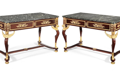 A pair of French early 20th century mahogany and gilt bronze mounted side tables