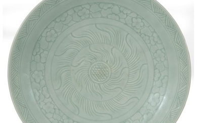 A Chinese celadon-glazed incised dish, with carved wood