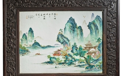 AN EXCEPTIONAL AND RARE FAMILLE-ROSE 'LANDSCAPE' PANEL, BY TANG YING QING DYNASTY, QIANLONG PERIOD, DATED YIHAI YEAR, CORRESPONDING TO 1755