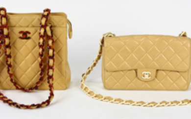 Chanel resin lambskin handbags, each having a quilted pattern, one having a flap, the other having a top zipper with hand...
