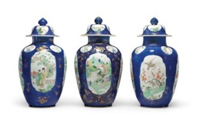 THREE FAMILLE VERTE POWDER-BLUE-GROUND JARS AND COVERS, KANGXI PERIOD (1662-1722)