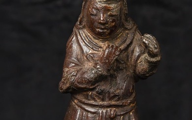 7th to 9th century tang dynasty Buddhist attendant cast in bronze.