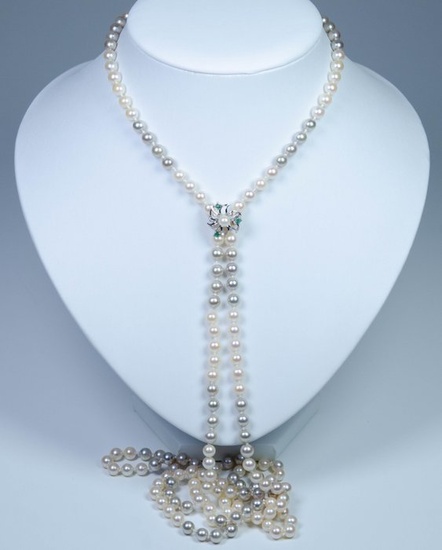 925 Silver - Necklace - 0.15 ct Emeralds - Ø 5.5-6 mm Akoya pearls - 120 cm - endless