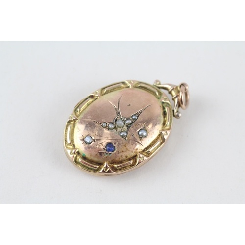 9ct gold back & front seed pearl & blue paste antique locket...