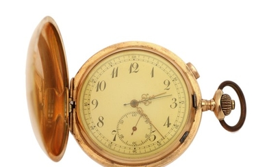 A 14k gold hunter cased pocket watch with quarter repetition and chronograph. C. 1900. Weight 125 g. Case diam. 56 mm.