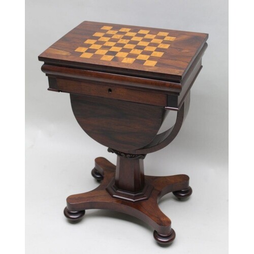 A 19TH CENTURY ROSEWOOD GAMES / COME WORKTABLE having cheque...