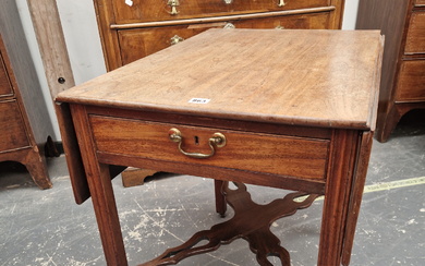 A 19th C. MAHOGANY PEMBROKE TABLE WITH A RECTANGULAR FLAP TOP OVER A DRAWER TO ONE END, THE