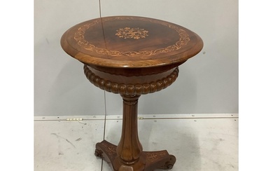 A 19th century French inlaid rosewood circular topped work t...