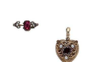 A 19th century foil backed garnet memorial heart pendant and ring, first, the pendant set with a