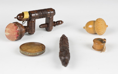 A 19th century rosewood needlework clamp with integral pin cushion and acorn tape measure, length 12