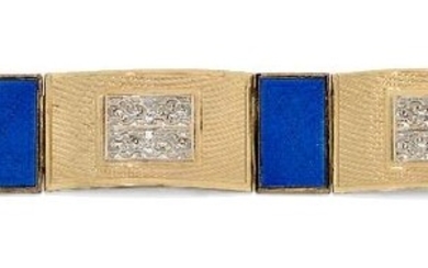 A 20th century gold and enamel bracelet, composed of four rectangular engine-turned hinged panels, each with central pierced foliate panel, with rectangular blue guilloche enamel connecting panels, approx. length 19cm