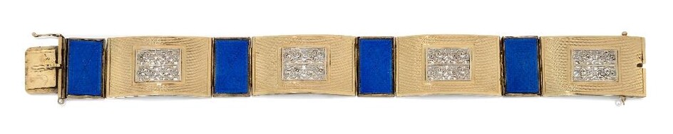 A 20th century gold and enamel bracelet, composed of four rectangular engine-turned hinged panels, each with central pierced foliate panel, with rectangular blue guilloche enamel connecting panels, approx. length 19cm