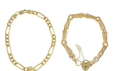 A 9ct gold gate-link bracelet, gathered at a 9ct gold heart padlock clasp and a 9ct gold figaro-link bracelet.