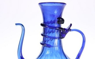 A BLUE GLASS EWER, PROBABLY VENETIAN, 19TH CENTURY