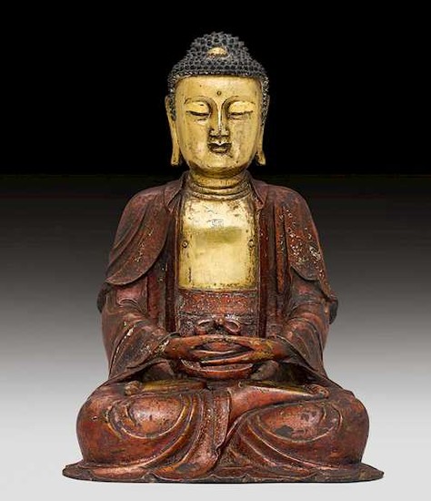 A BRONZE FIGURE OF THE SEATED BUDDHA AMITABHA.