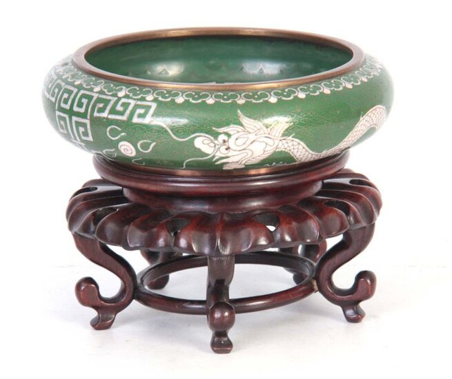 A CHINESE CLOISONNE BOWL ON STAND the green shallow bowl...