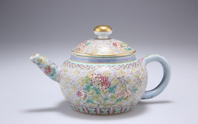A CHINESE FAMILLE ROSE TEAPOT, of squat form, densely