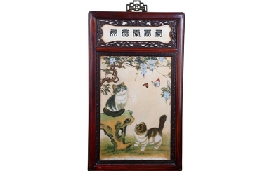 A CHINESE MARBLE ‘CAT’ PANEL.