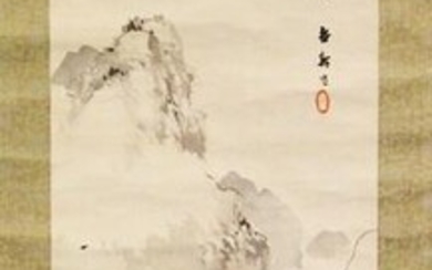 A CHINESE SCROLL PAINTING OF MOUNTAIN LANDSCAPE