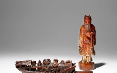 A CHINESE SOAPSTONE FIGURE AND A BAMBOO CARVING OF A...