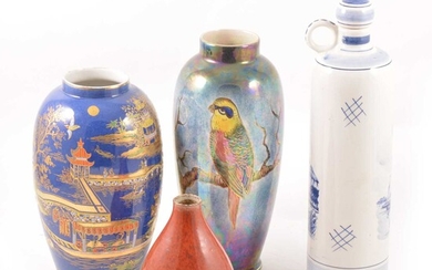 A Carlton Ware blue ground chinoiserie vase, Kiralpo lustre vase, modern Delft and a studio pottery vase.
