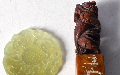 A Carved wood and polished stone Dragon seal together with a carved hardstone pendant . 8.5 cm(2).