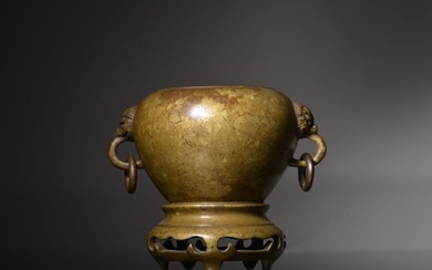 A Chinese Bronze Incense Burner with Double Ears and Base