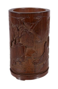 A Chinese bamboo brush pot, carved with a scholar on a