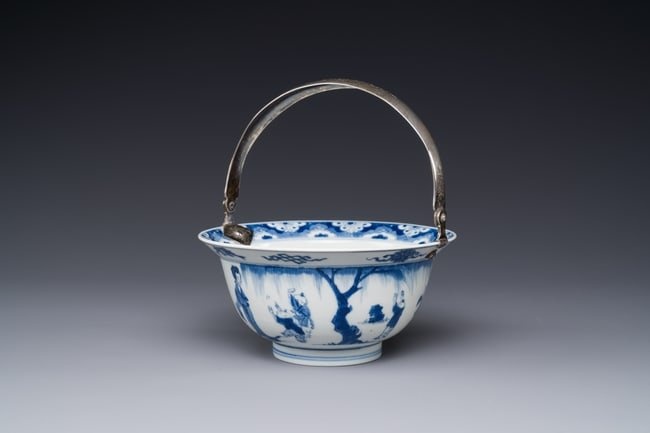 A Chinese blue and white bowl depicting playing boys and ladies with a silver handle, Chenghua mark