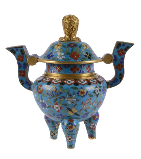 A Chinese cloisonné tripod censer and cover