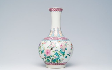 A Chinese famille rose bottle shaped vase with floral design, Hongxian mark, 20th C.